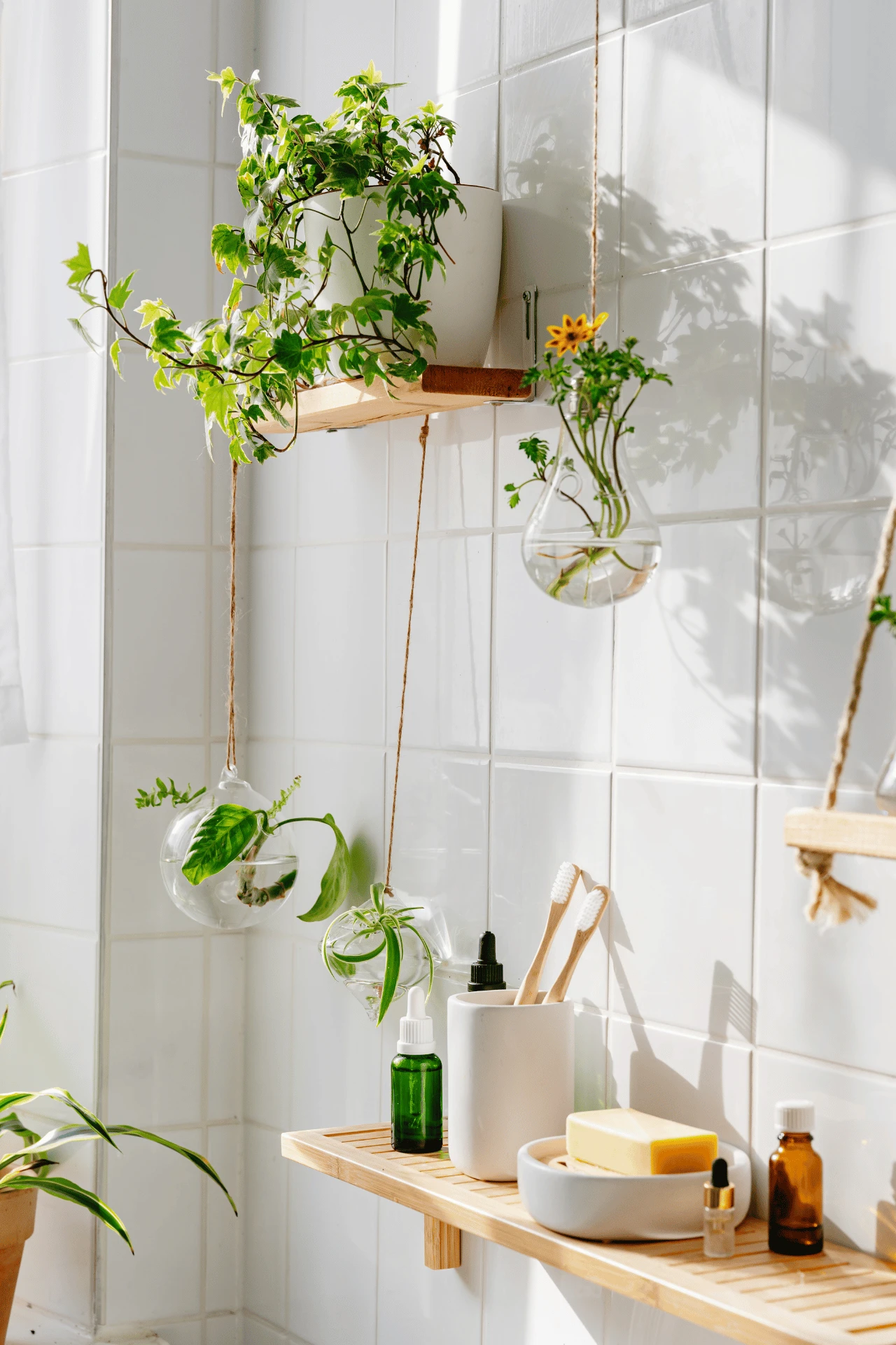 Imagine di un bagno con piastrelle bianche, arredi in legno chiaro e piante che pendono verso il basso in vasi agganciati al muro con delle corde